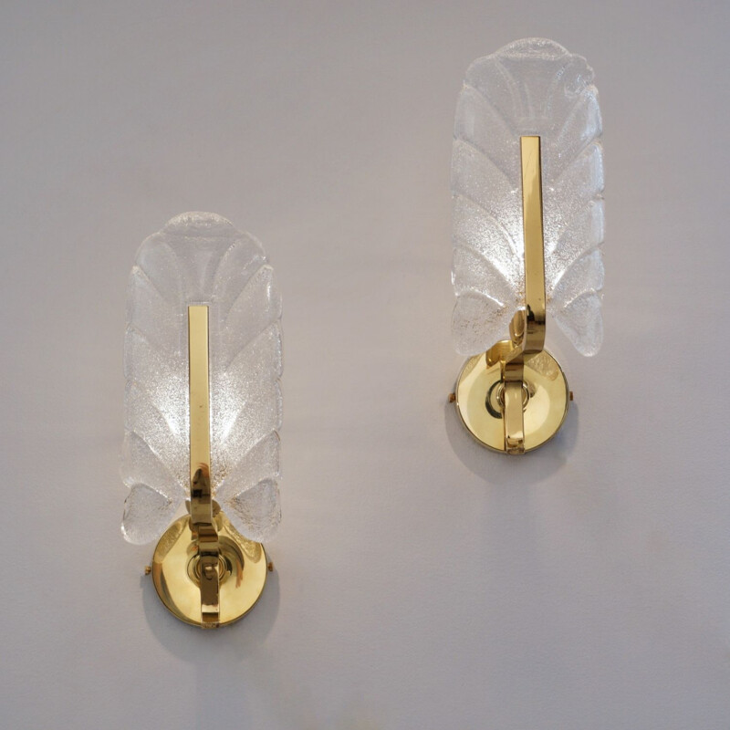 Pair of vintage Orrefors glass & brass wall lamps by Carl Fagerlund, Sweden 1960s