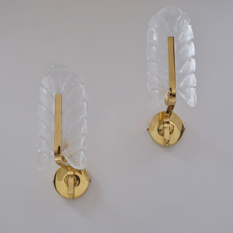 Pair of vintage Orrefors glass & brass wall lamps by Carl Fagerlund, Sweden 1960s