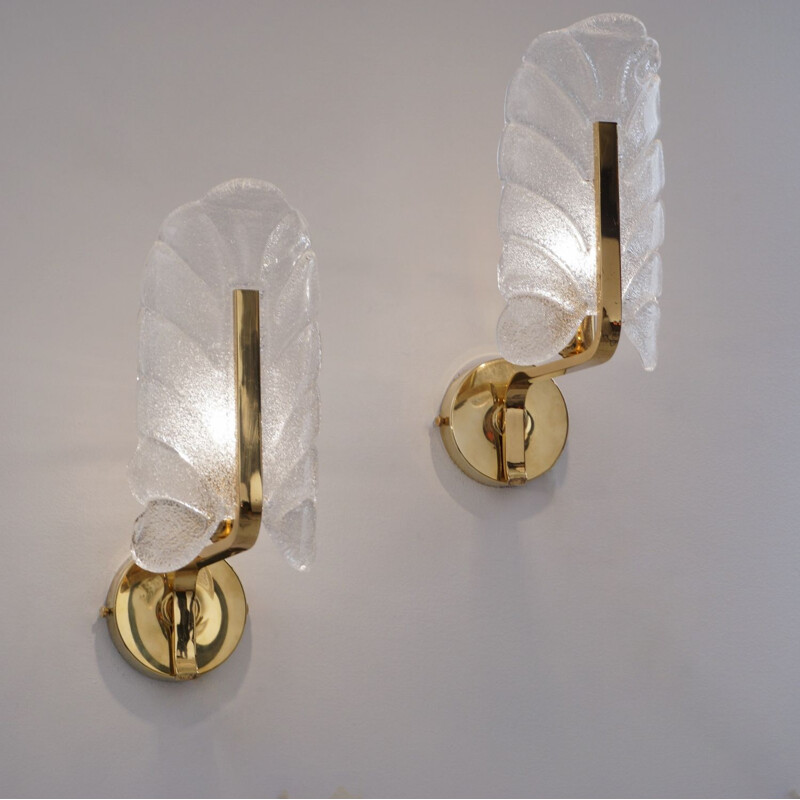 Pair of vintage Orrefors glass & brass wall lamps by Carl Fagerlund, Sweden 1960s