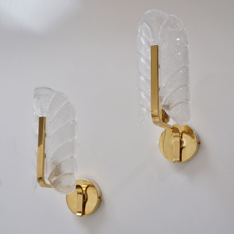 Pair of vintage Orrefors glass & brass wall lamps by Carl Fagerlund, Sweden 1960s