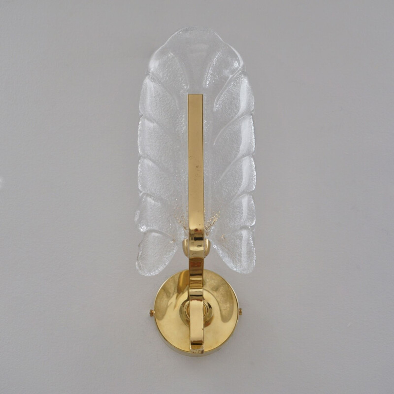 Pair of vintage Orrefors glass & brass wall lamps by Carl Fagerlund, Sweden 1960s