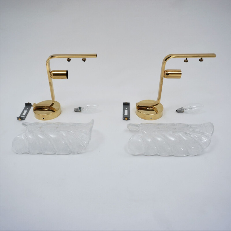 Pair of vintage Orrefors glass & brass wall lamps by Carl Fagerlund, Sweden 1960s