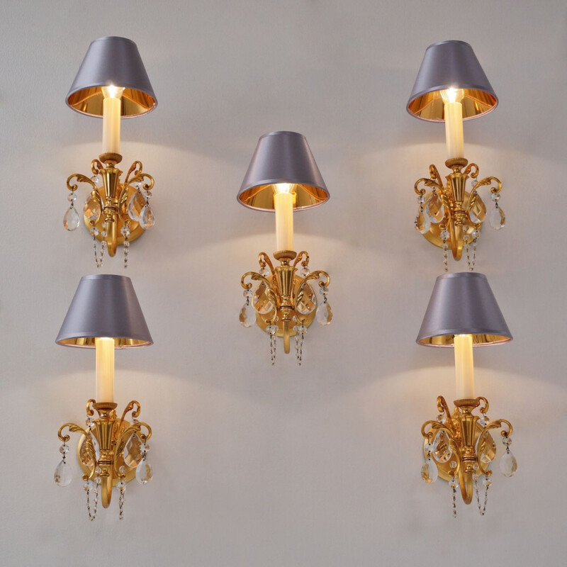 Set of 5 vintage wall lamps in gilt brass & crystals by Gaetano Sciolari, 1960s