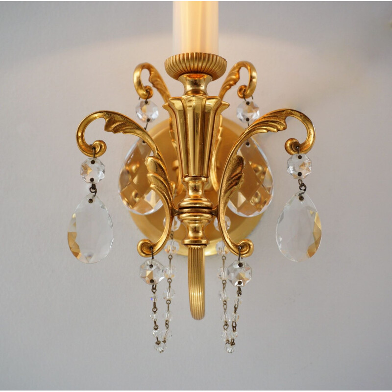 Set of 5 vintage wall lamps in gilt brass & crystals by Gaetano Sciolari, 1960s