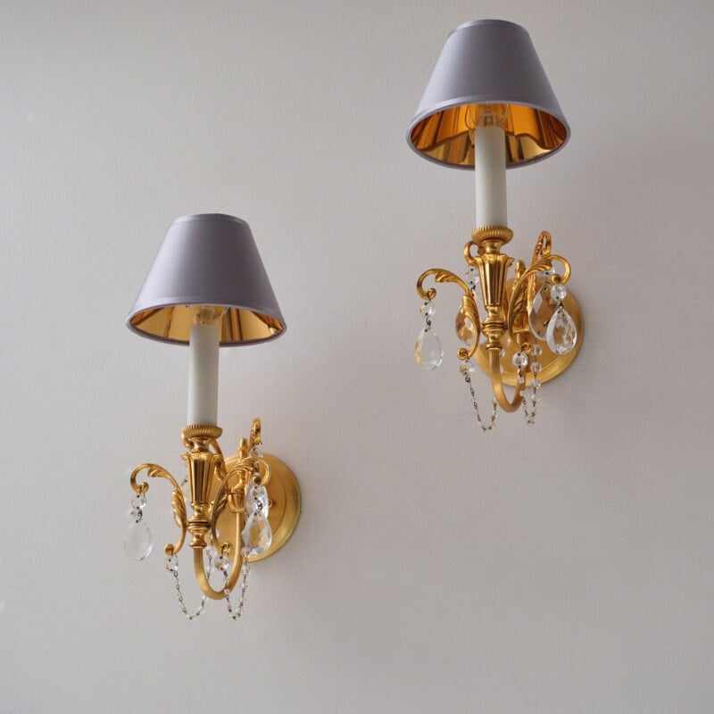 Set of 5 vintage wall lamps in gilt brass & crystals by Gaetano Sciolari, 1960s