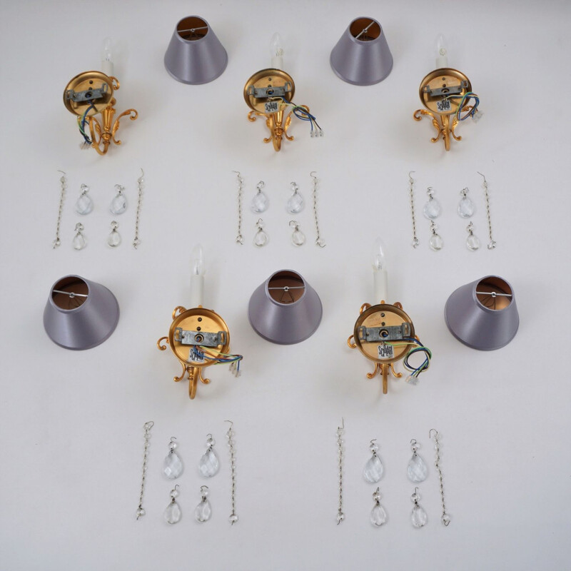 Ensemble de 5 appliques vintage en laiton doré et cristaux par Gaetano Sciolari, 1960