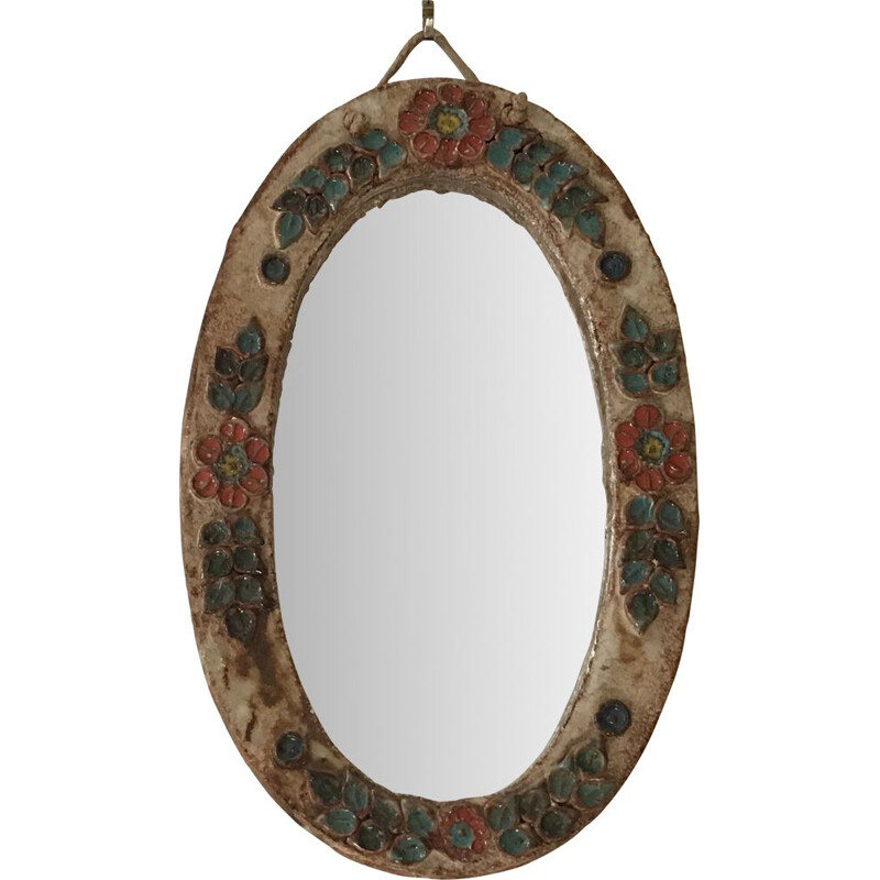 Vintage ceramic mirror with flower design, 1960-1970