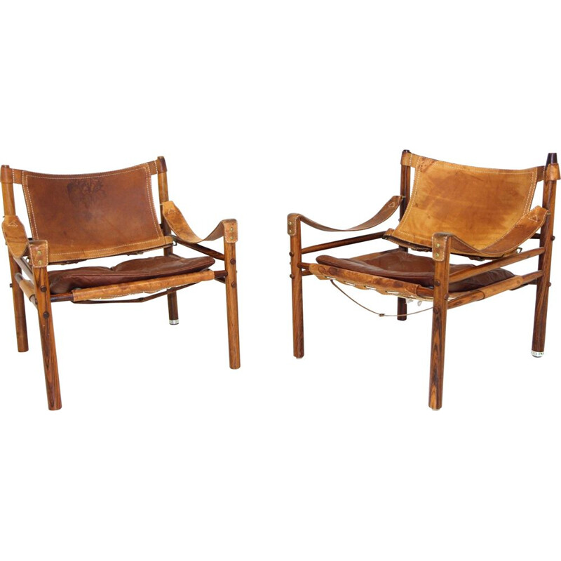 Pareja de sillones "sirocco" de época en madera de palisandro y cuero de Arne Norell, 1960