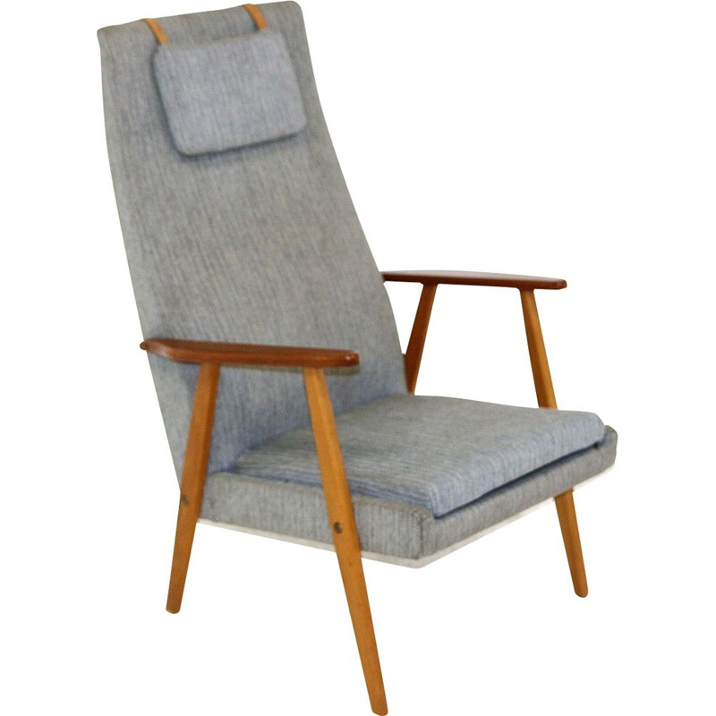 Scandinavische vintage fauteuil in beukenhout en stof, Zweden 1950