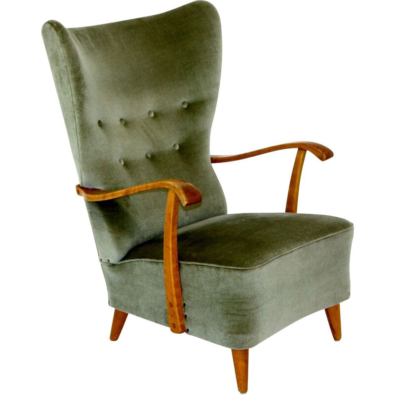 Vintage armchair in velvet and beechwood, Sweden 1950