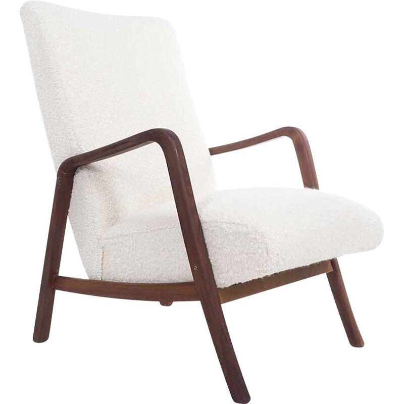 Vintage teak armchair with off white boucle