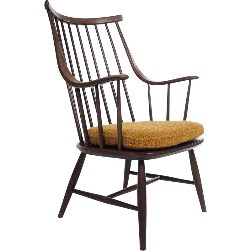 Vintage fauteuil in hout en oker van Lena Larsson voor Nesto, Zweden 1962