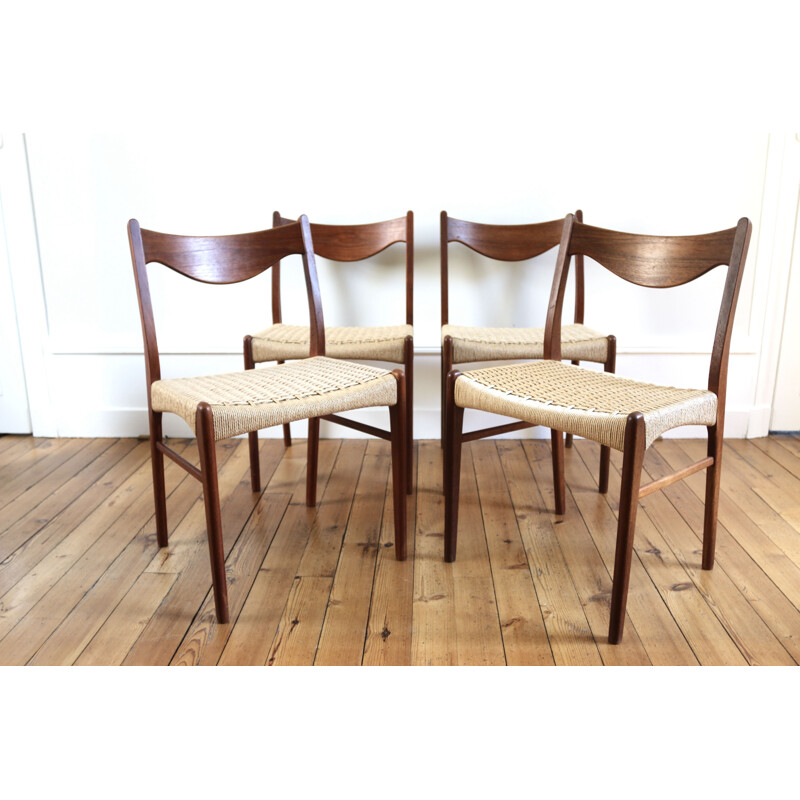 Set of 4 Scandinavian vintage teak and rope chairs by Arne Wahl Iversen for Glyngore Stolefabrik, 1960