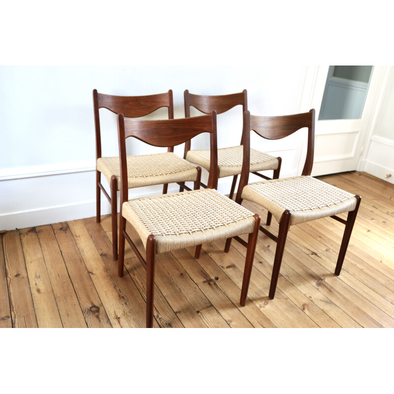 Lot de 4 chaises scandinave vintage en teck et corde par Arne Wahl Iversen pour Glyngore Stolefabrik, 1960