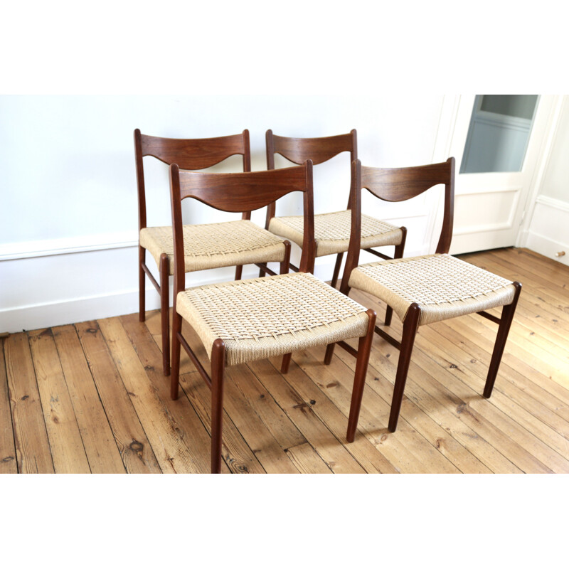Set of 4 Scandinavian vintage teak and rope chairs by Arne Wahl Iversen for Glyngore Stolefabrik, 1960