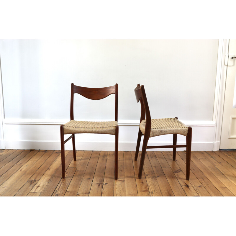 Lot de 4 chaises scandinave vintage en teck et corde par Arne Wahl Iversen pour Glyngore Stolefabrik, 1960