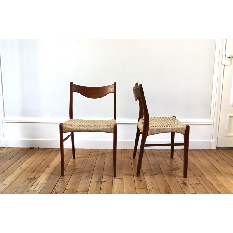 Set of 4 Scandinavian vintage teak and rope chairs by Arne Wahl Iversen for Glyngore Stolefabrik, 1960