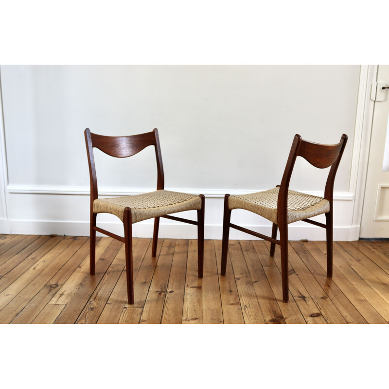 Set of 4 Scandinavian vintage teak and rope chairs by Arne Wahl Iversen for Glyngore Stolefabrik, 1960