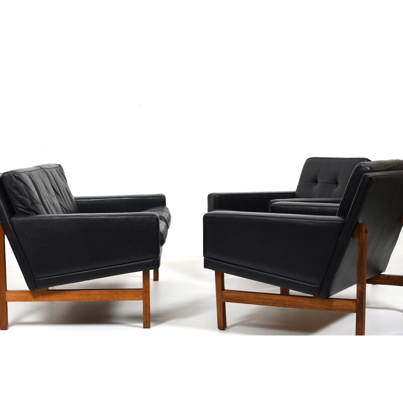 Danish vintage black leather living room set by Sven Ellekaer for Rolschau Møbler, 1960s