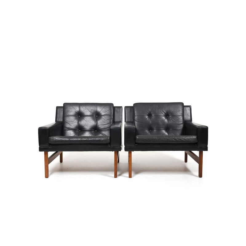 Danish vintage black leather living room set by Sven Ellekaer for Rolschau Møbler, 1960s