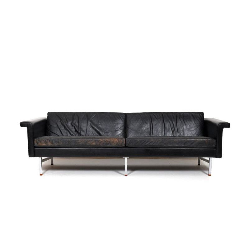 Danish vintage leather sofa with chrome legs and teak ends, 1960s