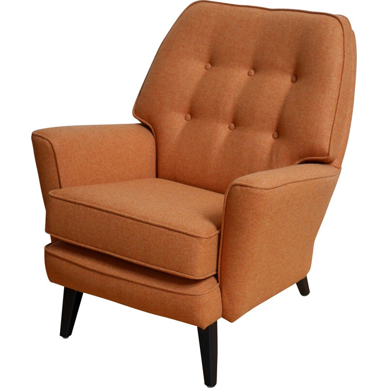 English RS Stevens armchair in orange wool fabric - 1950s