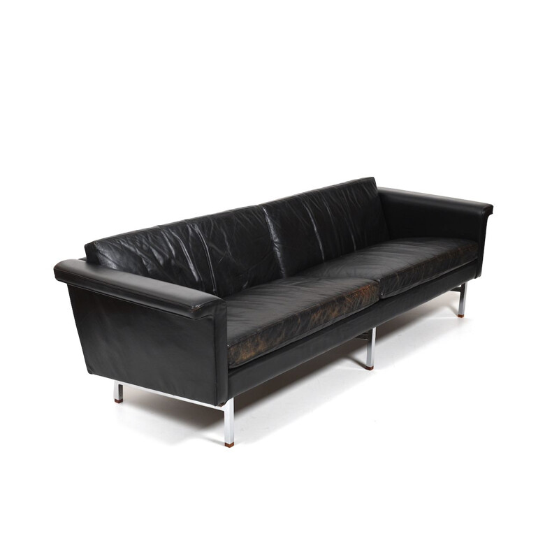 Dänisches Vintage-Ledersofa mit verchromten Beinen und Teakholzenden, 1960