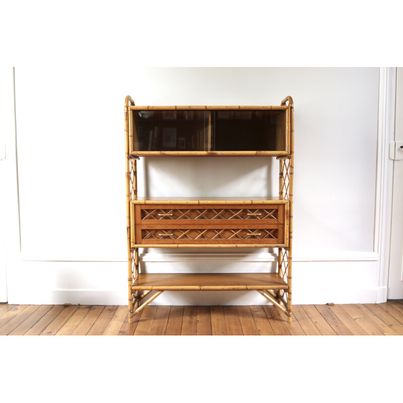 Vintage rattan bookcase by Louis Sognot, 1960