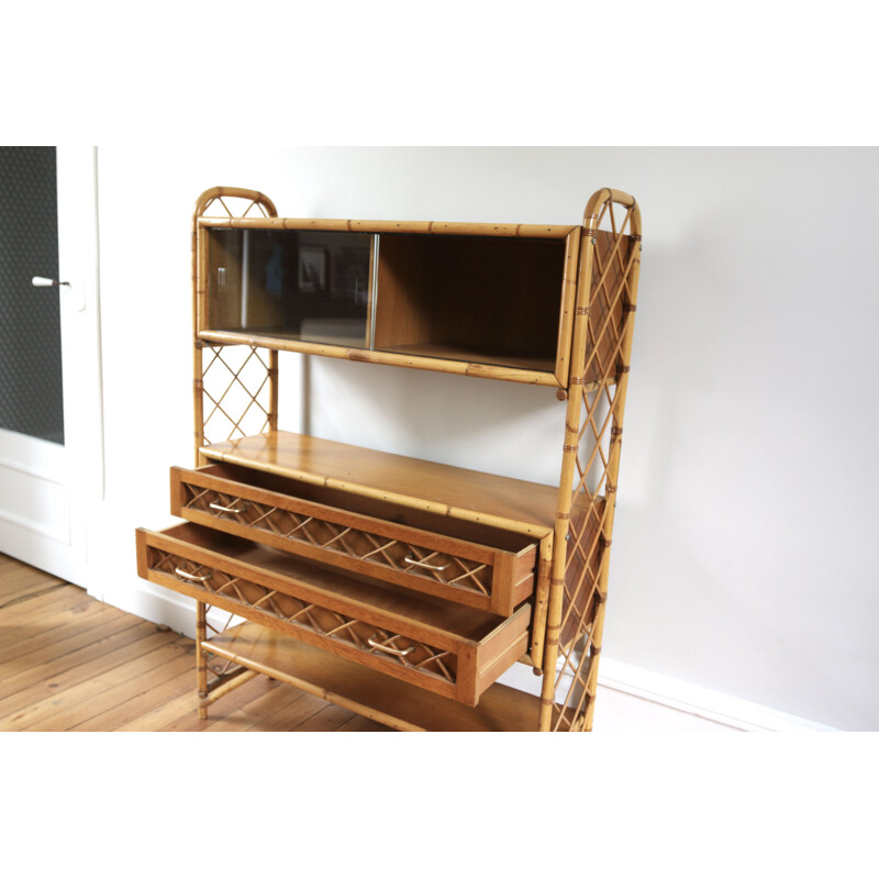 Vintage rattan bookcase by Louis Sognot, 1960