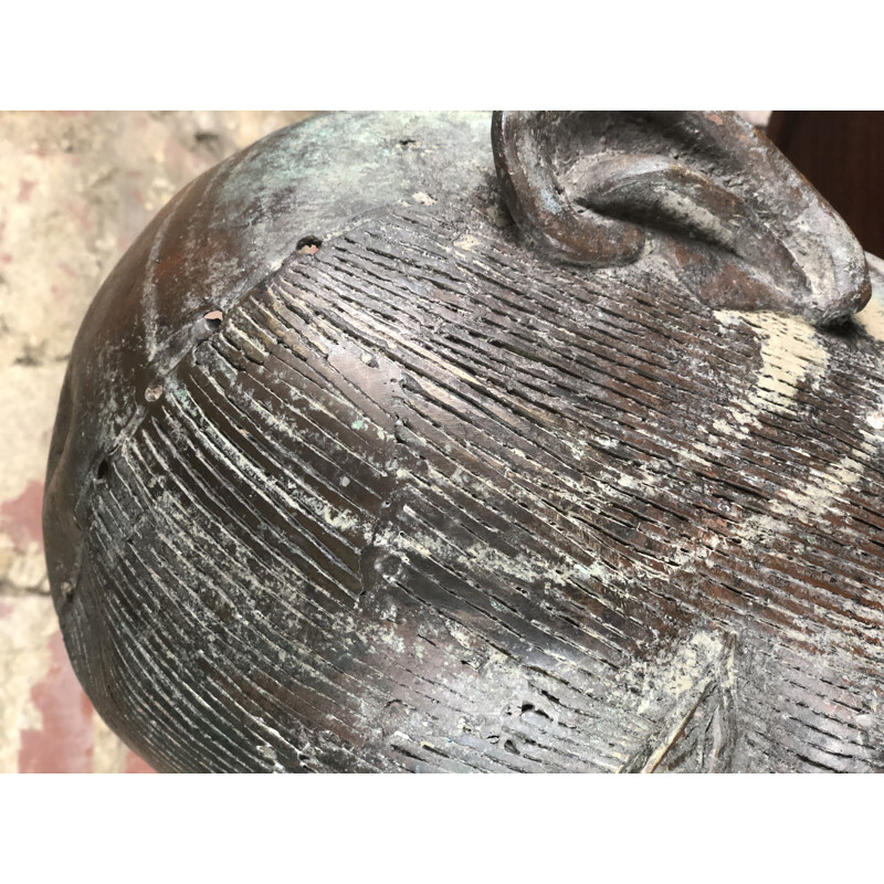 Tête d'Oba vintage en bronze d'Ife patiné du Bénin