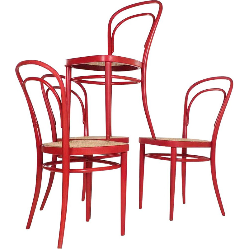 Ensemble de 4 chaises rouges vintage Thonet 214