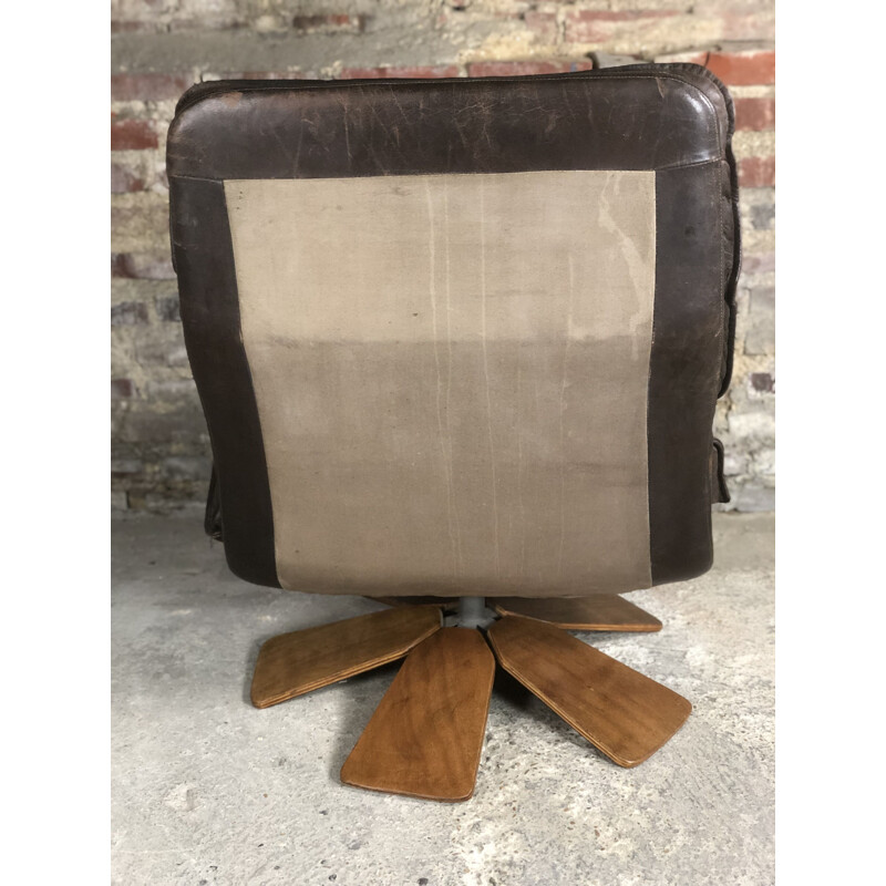 Vintage brown leather swivel armchair with palmette legs, 1970s