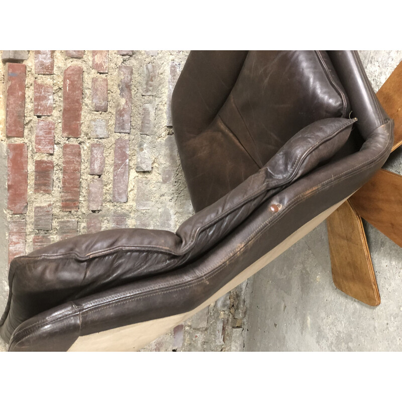 Vintage brown leather swivel armchair with palmette legs, 1970s