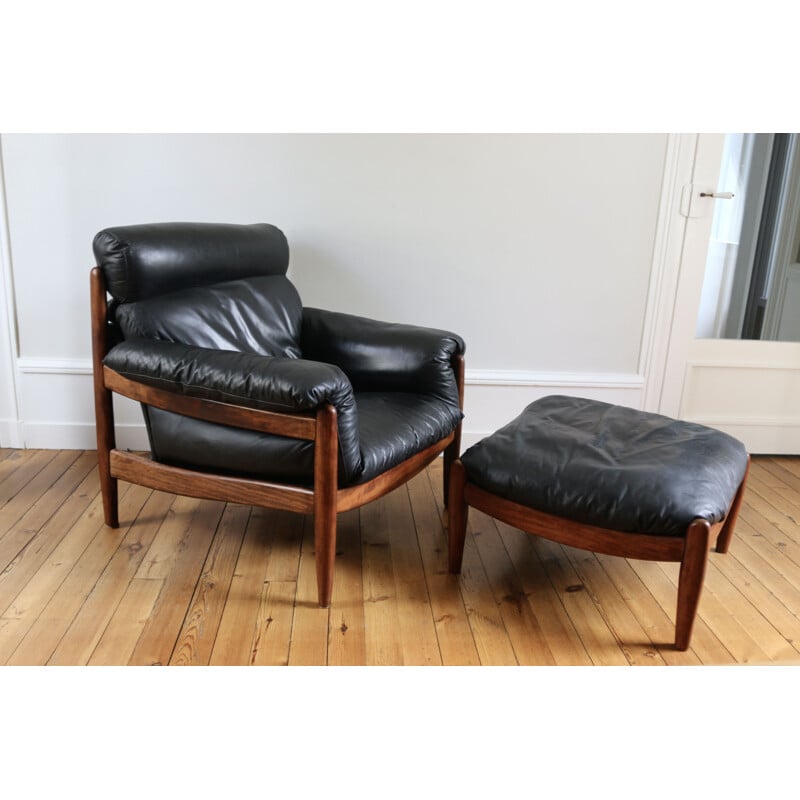 Scandinavian vintage leather armchair and ottoman, 1960