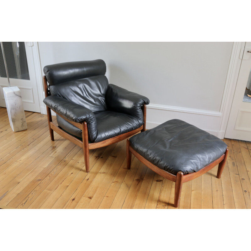 Scandinavian vintage leather armchair and ottoman, 1960