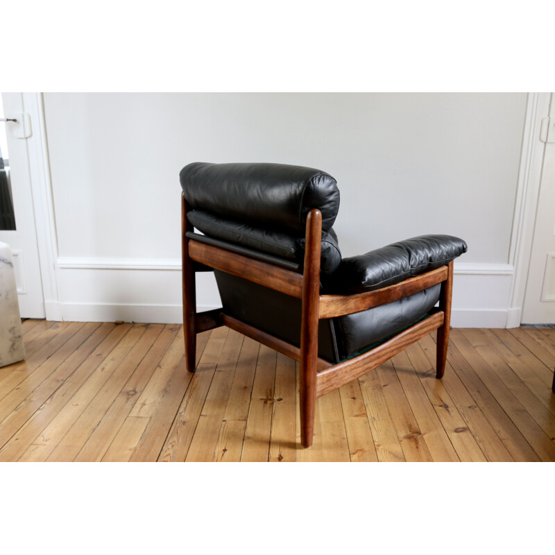 Scandinavische vintage lederen fauteuil en poef, 1960