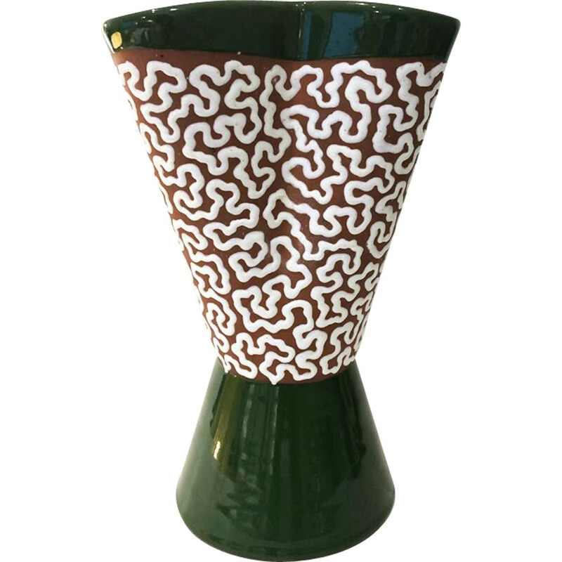 Vaso vintage smaltato verde e bianco, 1970