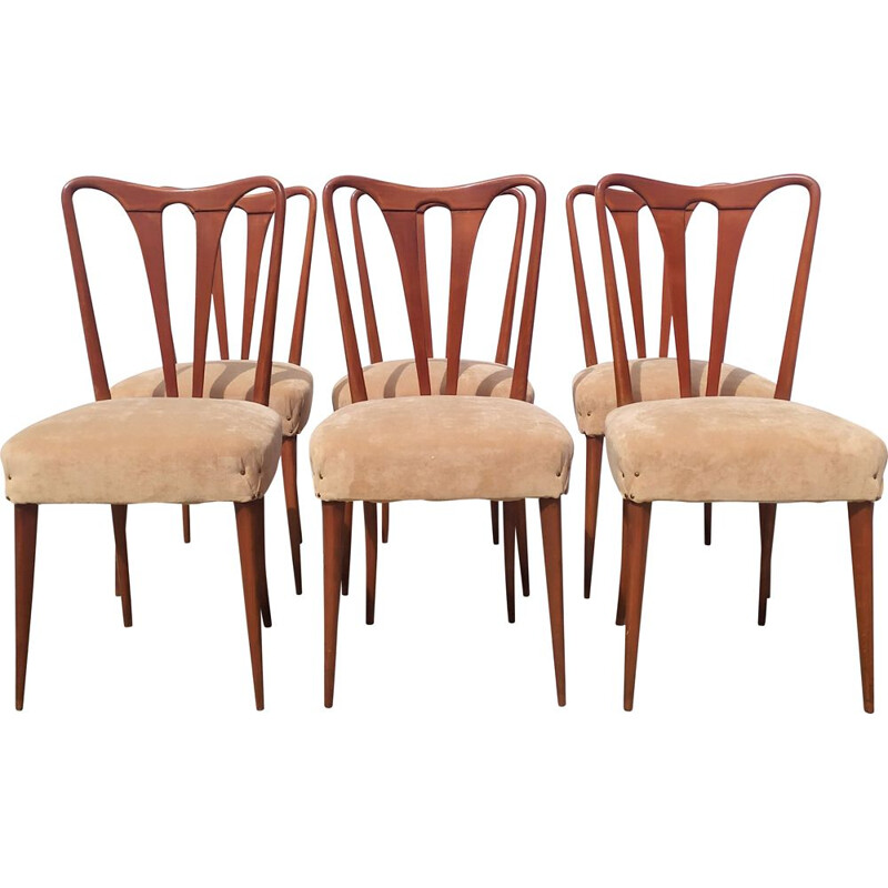Set of 6 vintage wood and fabric chairs, 1940s