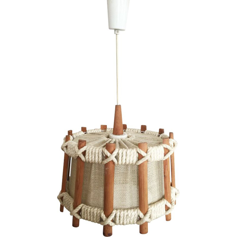 Scandinavian vintage rope and wood pendant lamp by Temde, 1960