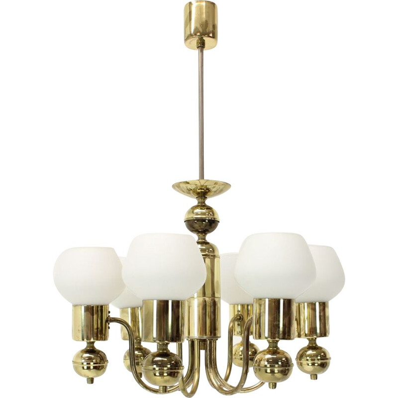 Vintage glass and brass chandelier by Kamenicky Senov, Czech 1960