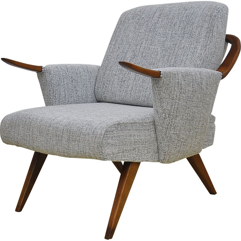 Mid century cherry wood and grey fabric armchair, 1960s