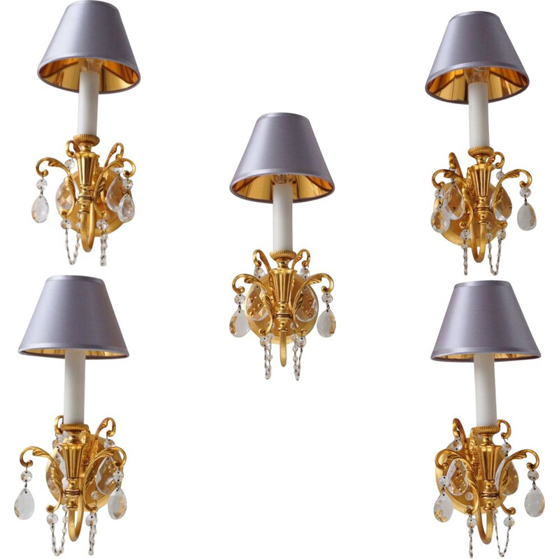 Set of 5 vintage wall lamps in gilt brass & crystals by Gaetano Sciolari, 1960s