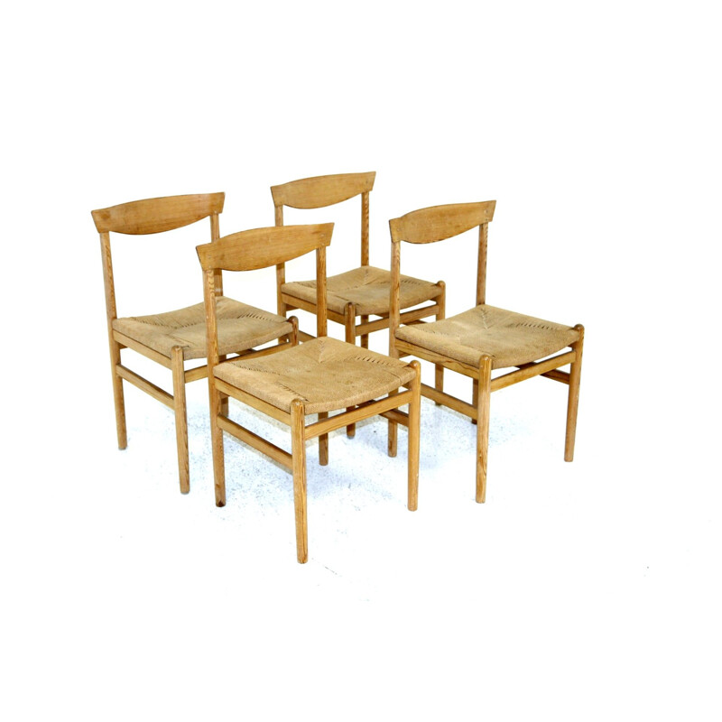 Set of 4 Scandinavian vintage pine and rope chairs, Sweden 1960