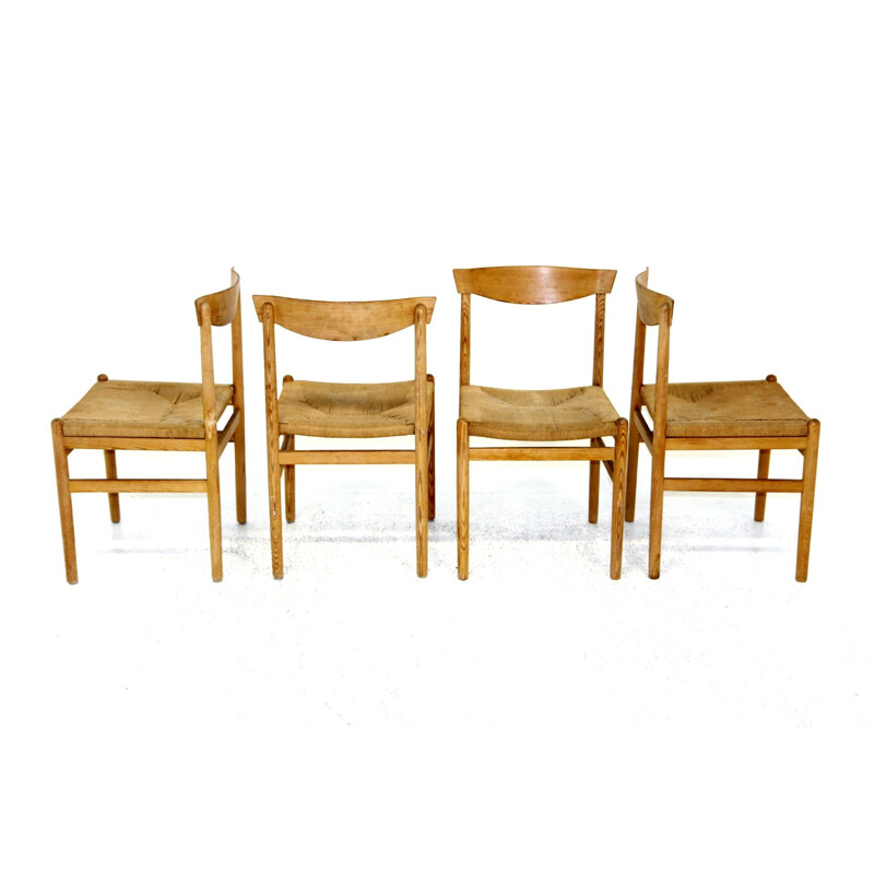 Conjunto de 4 cadeiras de pinho e corda escandinavas, Suécia 1960