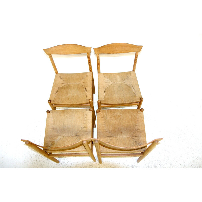 Satz von 4 skandinavischen Vintage-Stühlen aus Kiefer und Seil, Schweden 1960