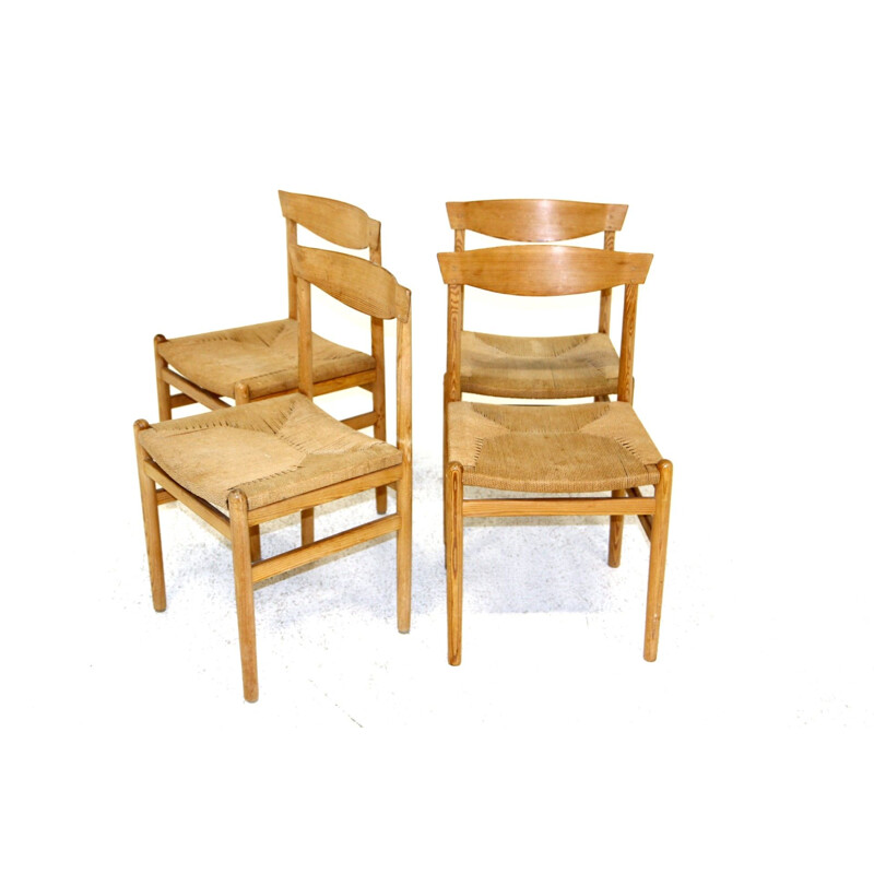 Satz von 4 skandinavischen Vintage-Stühlen aus Kiefer und Seil, Schweden 1960