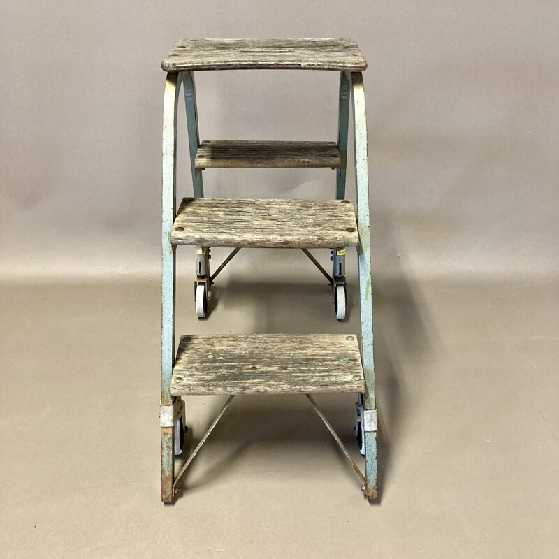 Tabouret roulant vintage en bois et métal, 1950