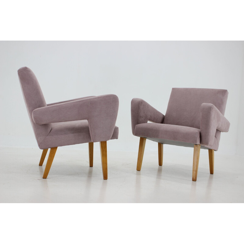 Pair of vintage wood and fabric armchairs, Czechoslovakia 1960s