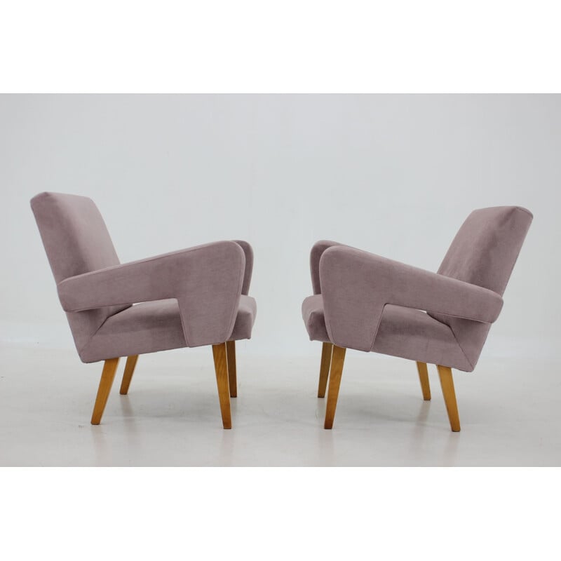 Pair of vintage wood and fabric armchairs, Czechoslovakia 1960s