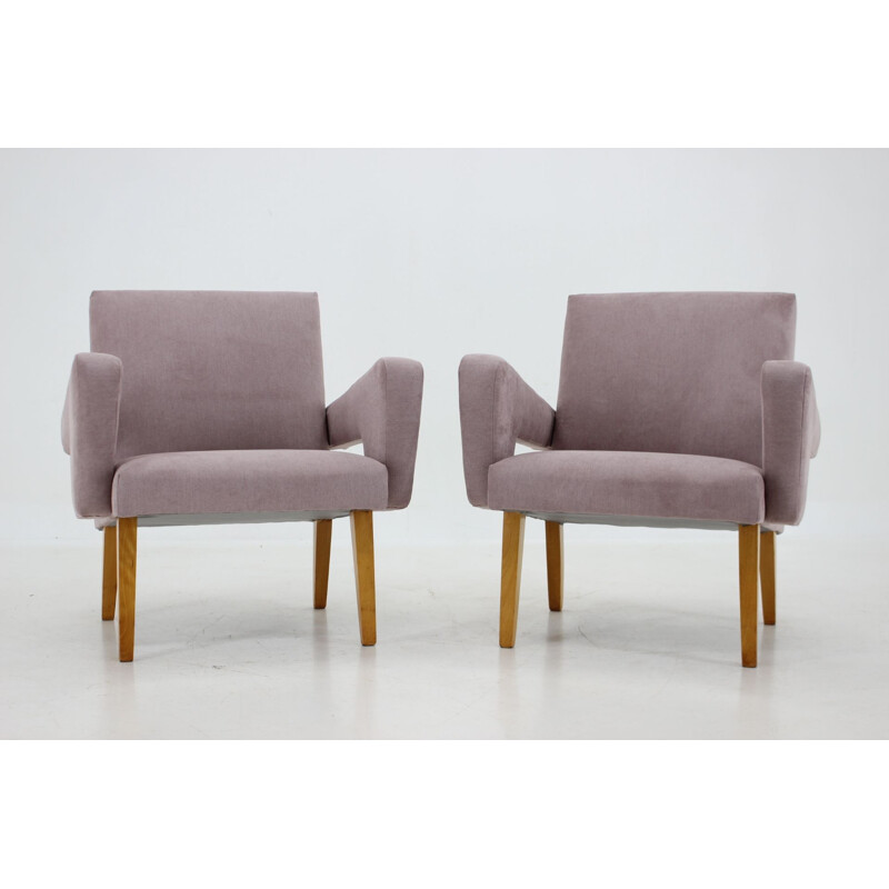 Pair of vintage wood and fabric armchairs, Czechoslovakia 1960s